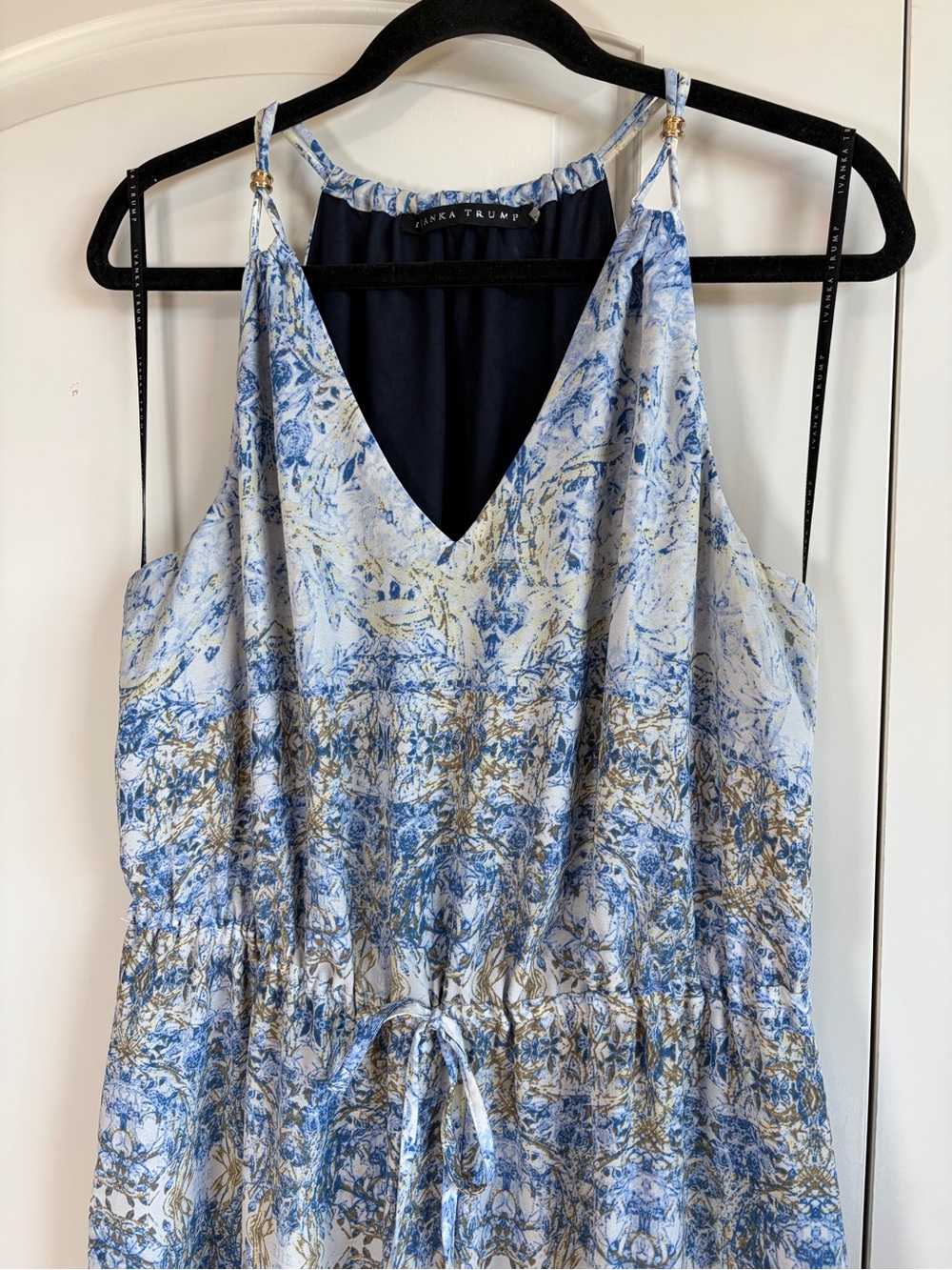 Ivanka Trump Blue Patterned Maxi Dress with Drawstring Waist Gold Accents - Picture 4 of 13